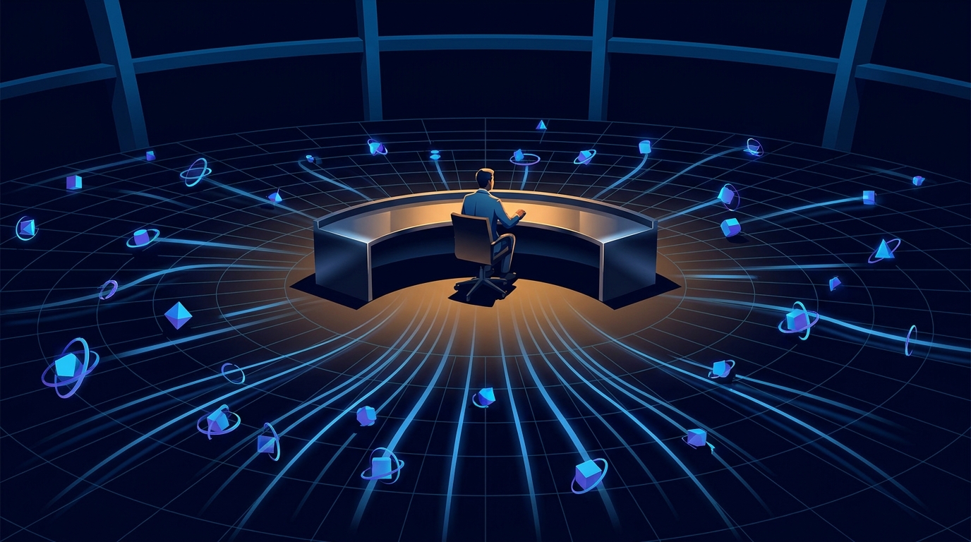 AI and human collaboration powering autonomous Google Ads management at scale, symbolized by a luminous network of connected nodes guided by a steady human hand